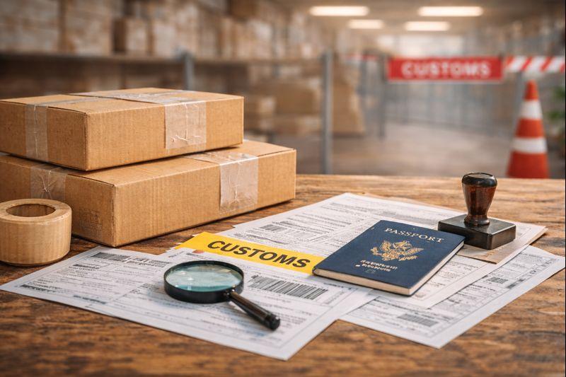 Customs clearance documentation and compliance processing at international port terminal