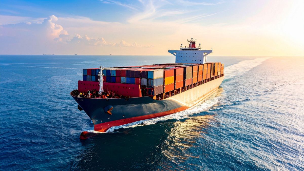 Ocean freight shipping with containerized cargo loaded on cargo ships at port